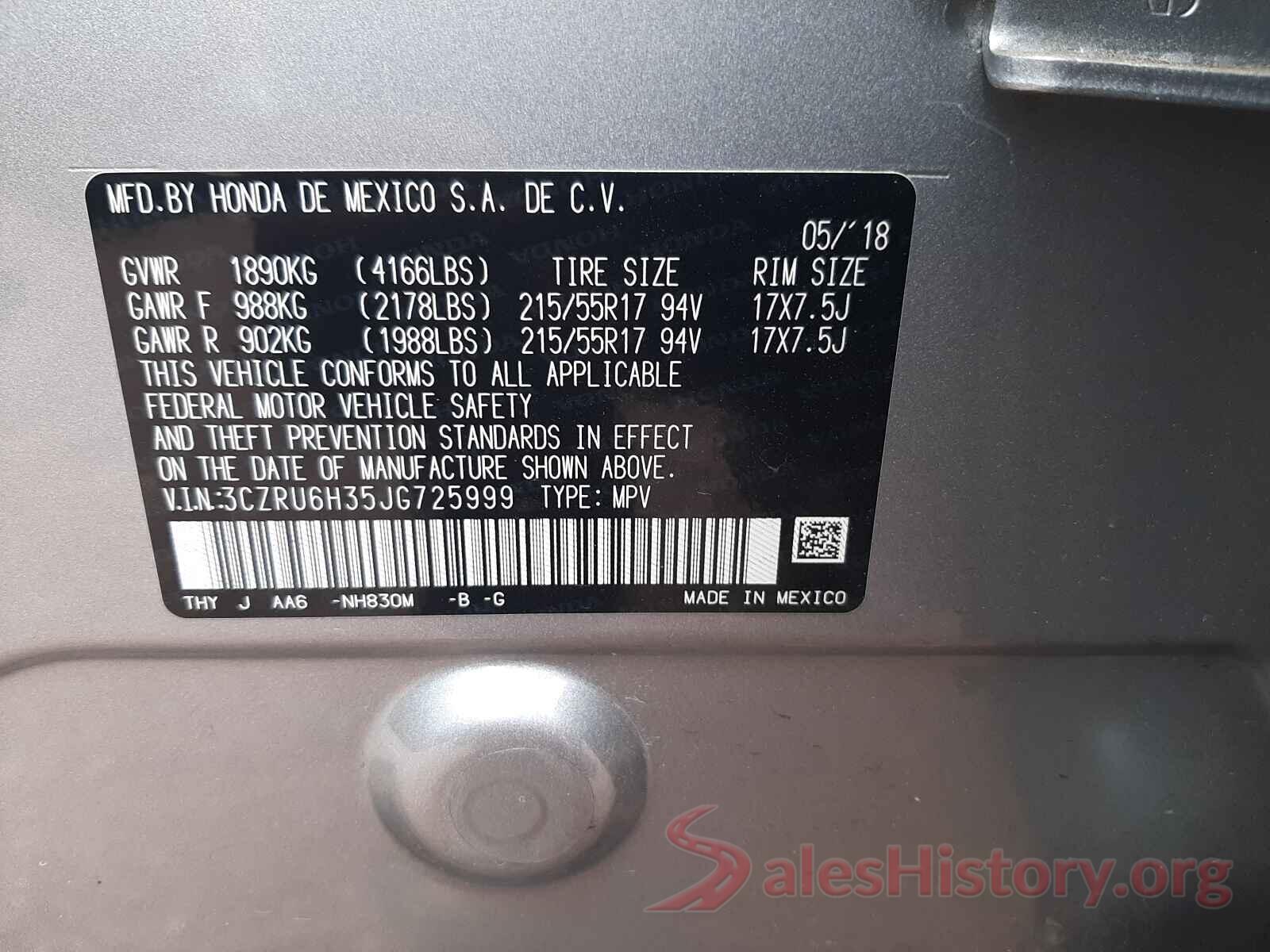 3CZRU6H35JG725999 2018 HONDA HR-V