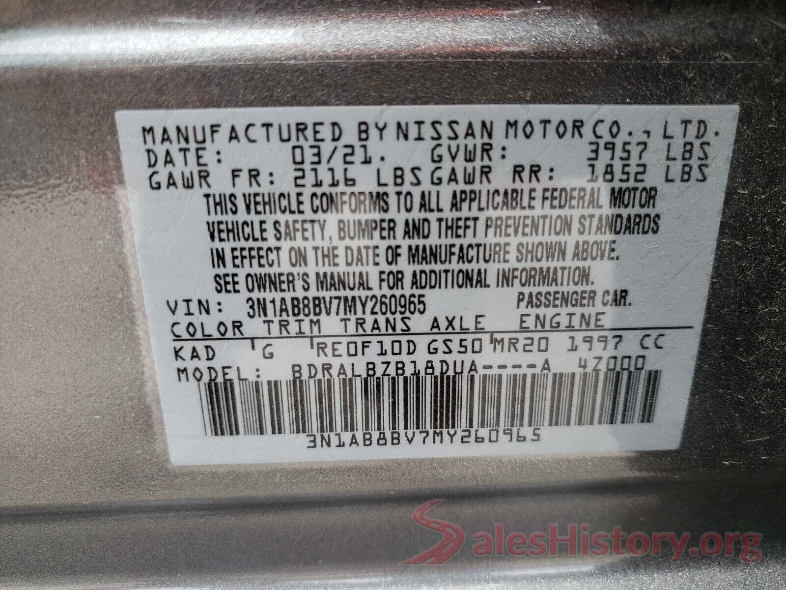 3N1AB8BV7MY260965 2021 NISSAN SENTRA