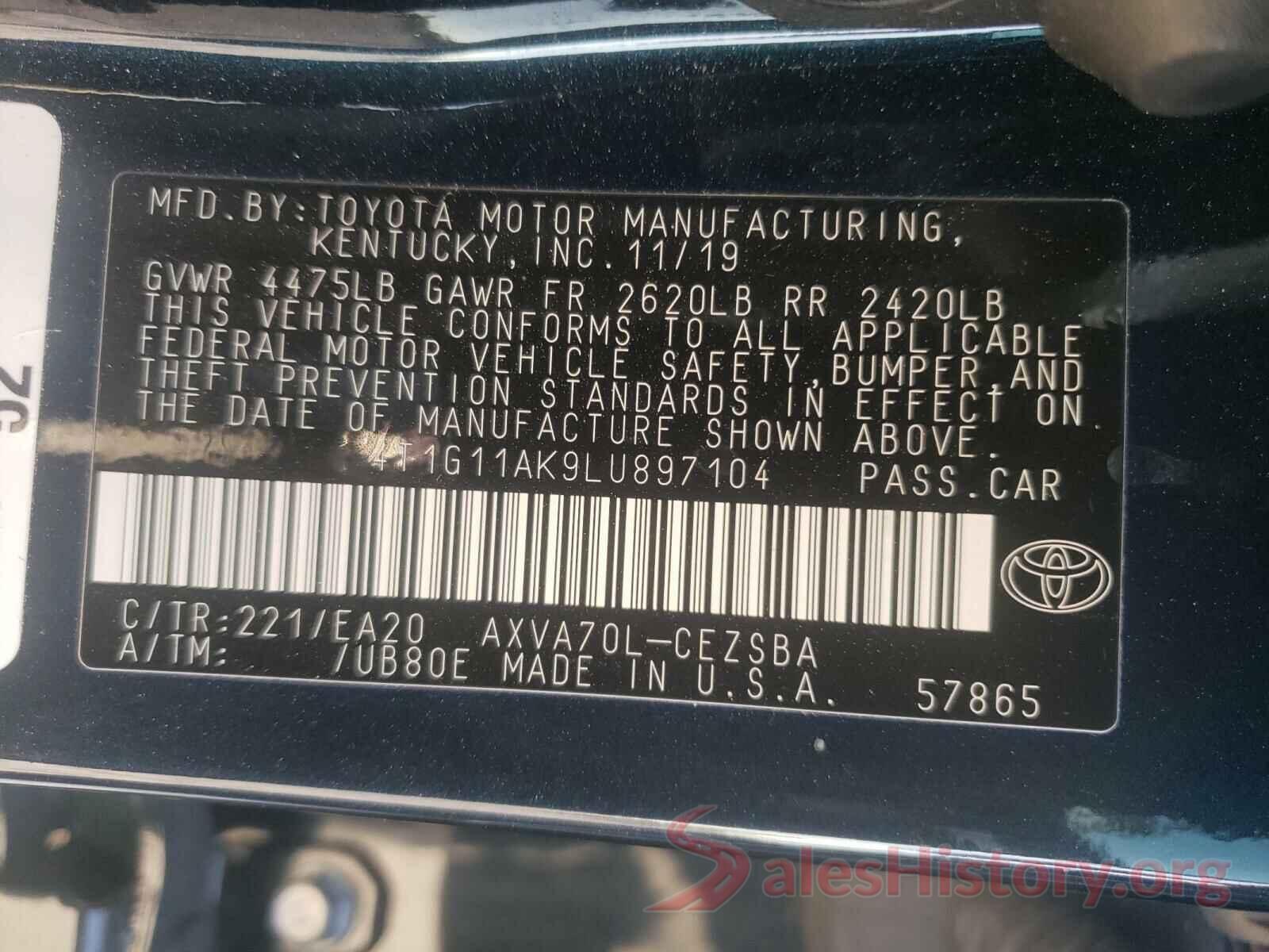 4T1G11AK9LU897104 2020 TOYOTA CAMRY