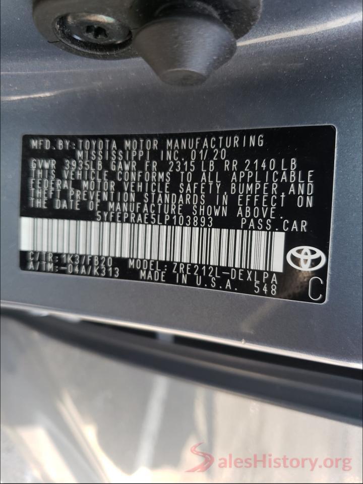 5YFEPRAE5LP103893 2020 TOYOTA COROLLA