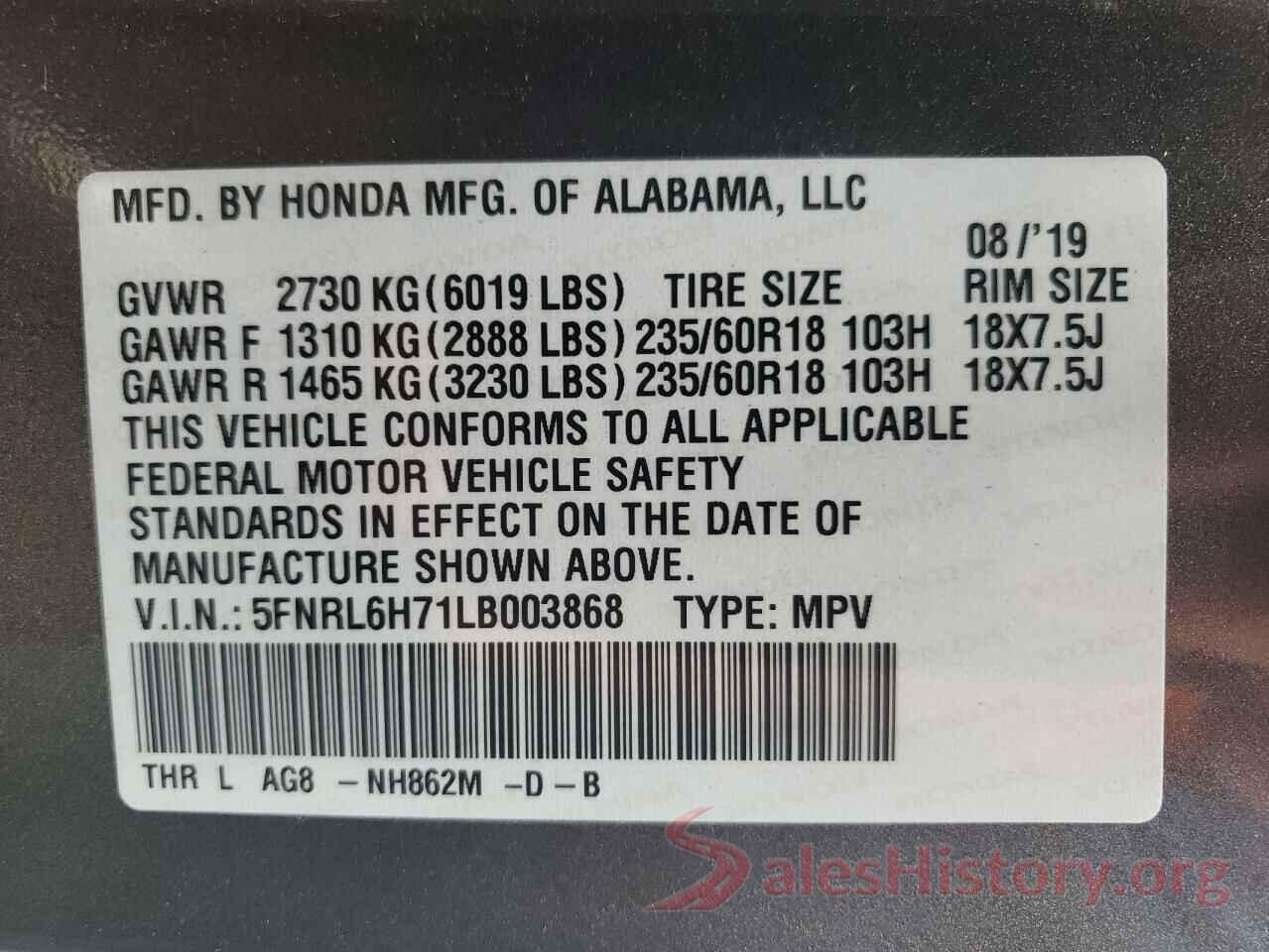 5FNRL6H71LB003868 2020 HONDA ODYSSEY