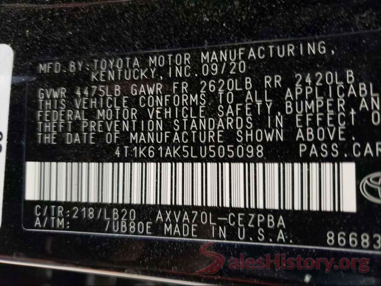 4T1K61AK5LU505098 2020 TOYOTA CAMRY