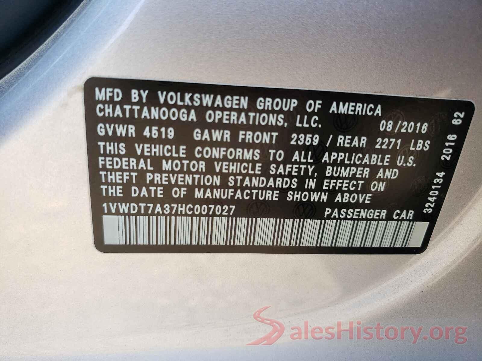 1VWDT7A37HC007027 2017 VOLKSWAGEN PASSAT