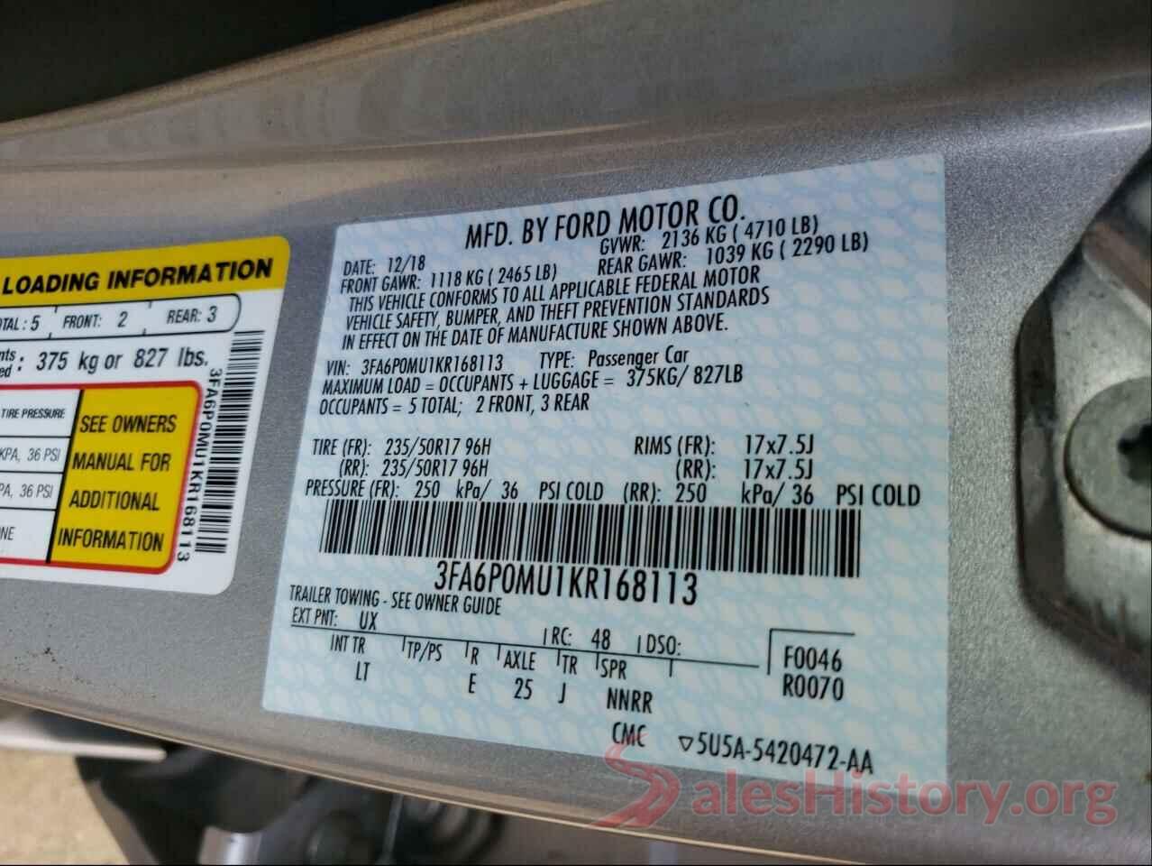 3FA6P0MU1KR168113 2019 FORD FUSION