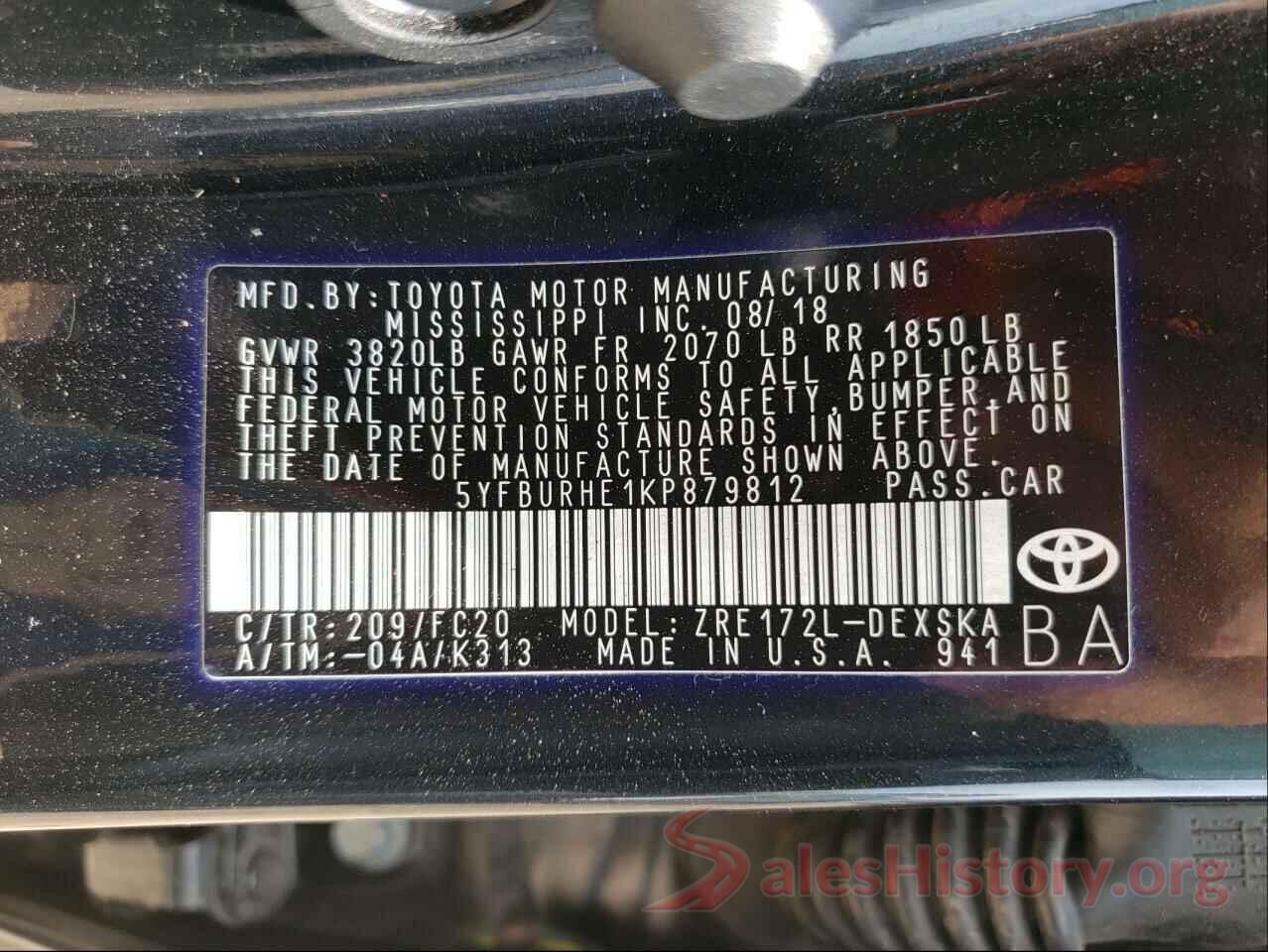 5YFBURHE1KP879812 2019 TOYOTA COROLLA