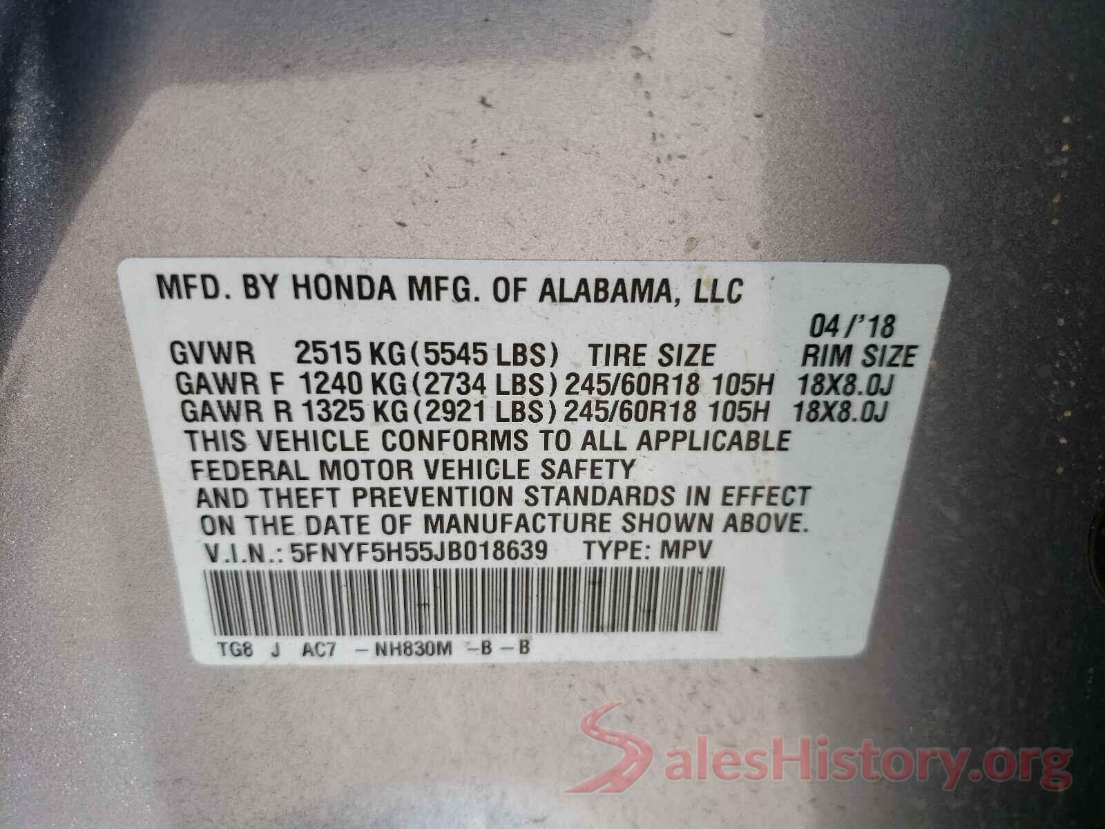 5FNYF5H55JB018639 2018 HONDA PILOT