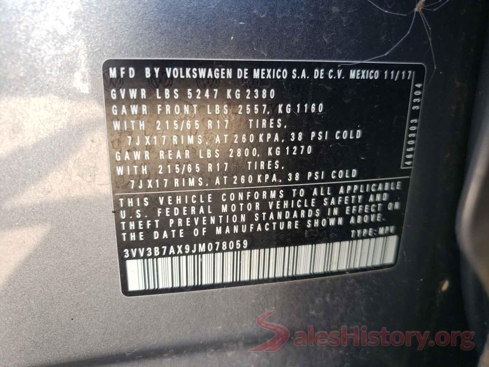 3VV3B7AX9JM078059 2018 VOLKSWAGEN TIGUAN