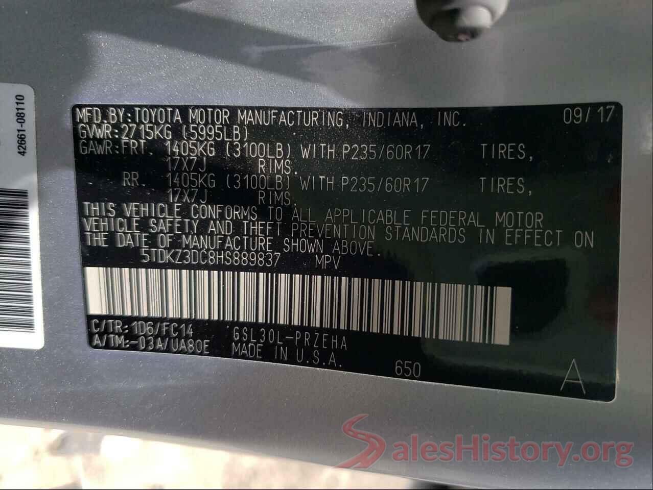 5TDKZ3DC8HS889837 2017 TOYOTA SIENNA