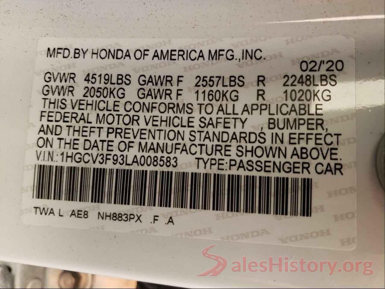 1HGCV3F93LA008583 2020 HONDA ACCORD