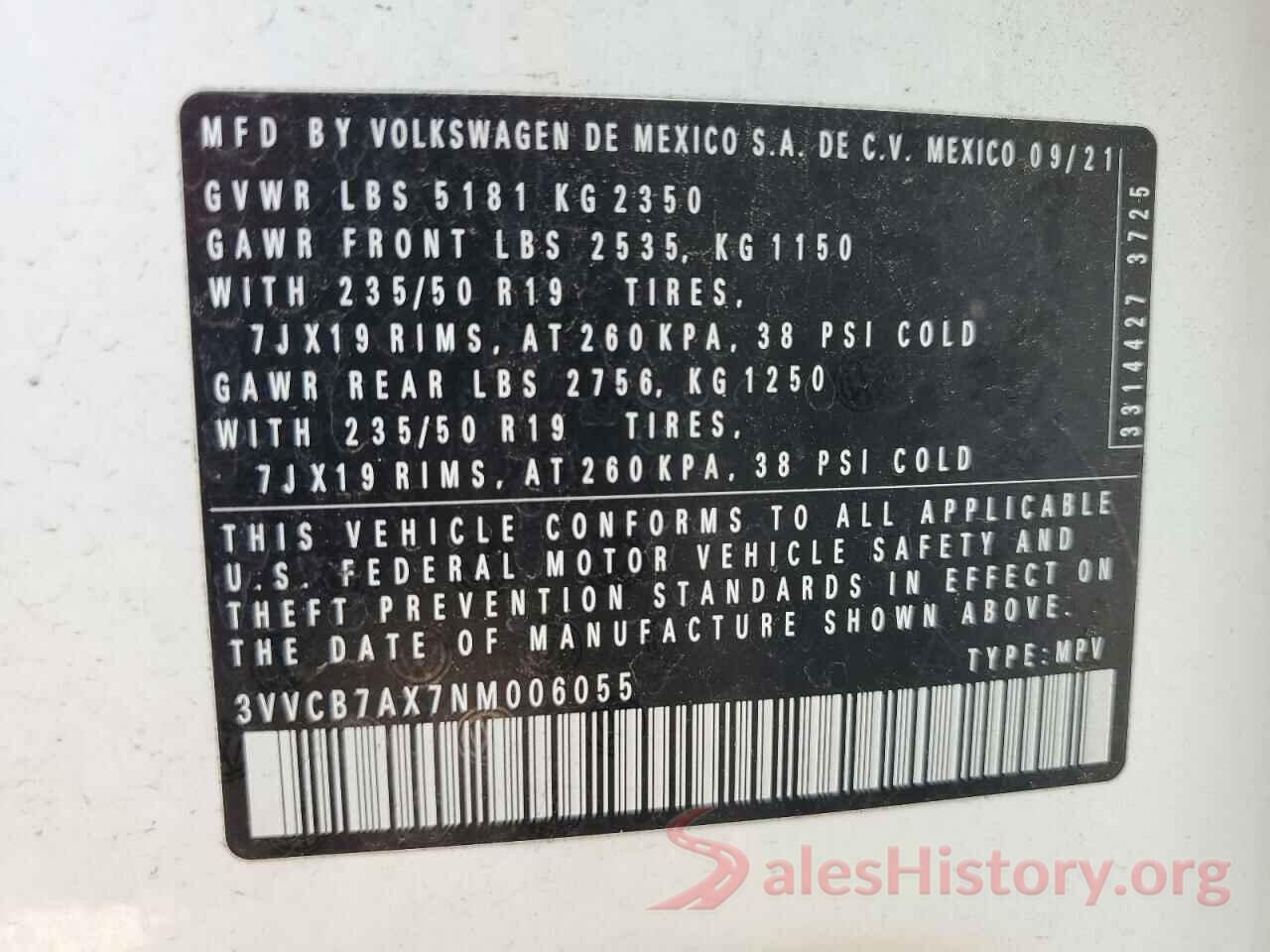 3VVCB7AX7NM006055 2022 VOLKSWAGEN TIGUAN