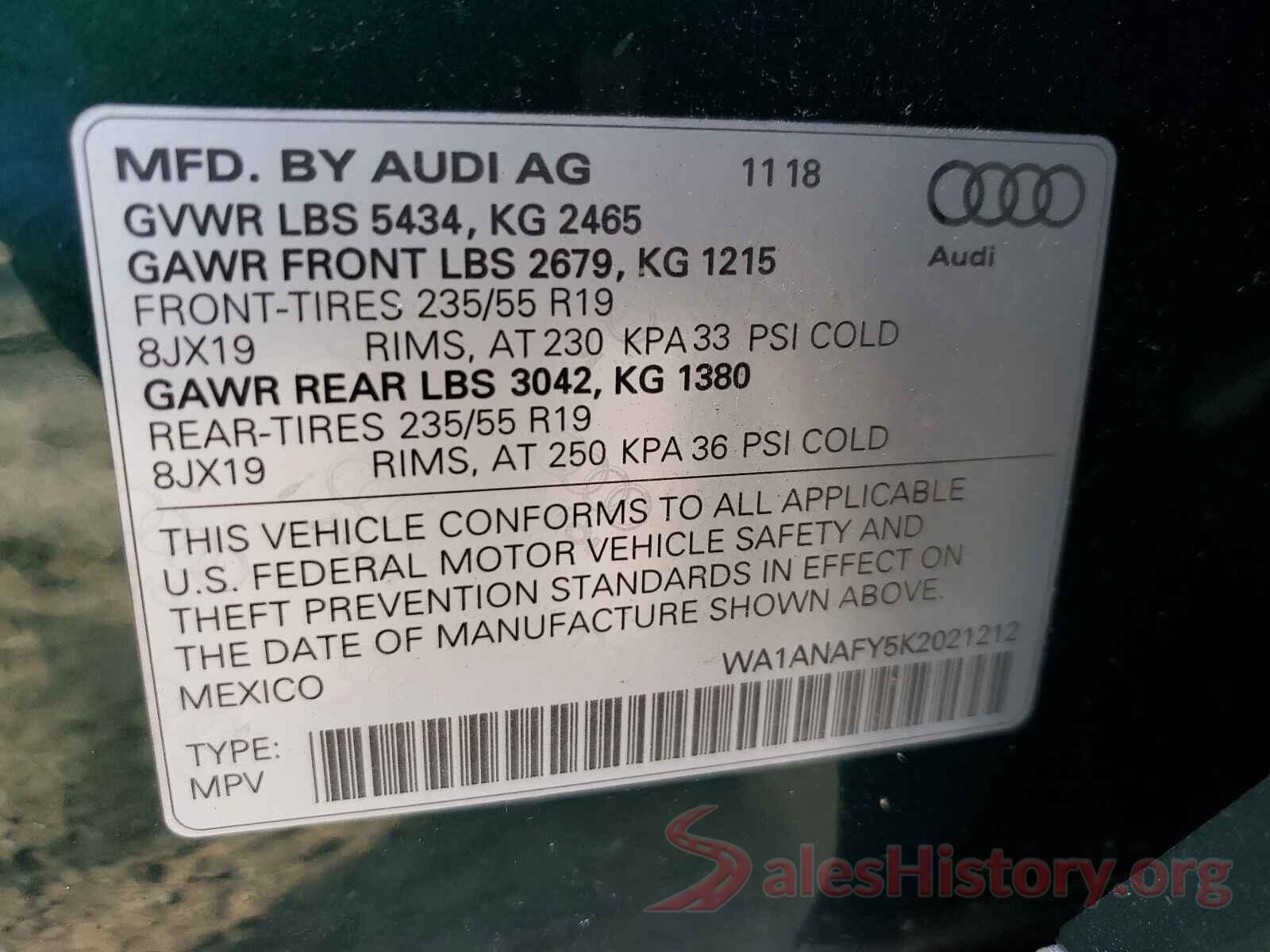 WA1ANAFY5K2021212 2019 AUDI Q5