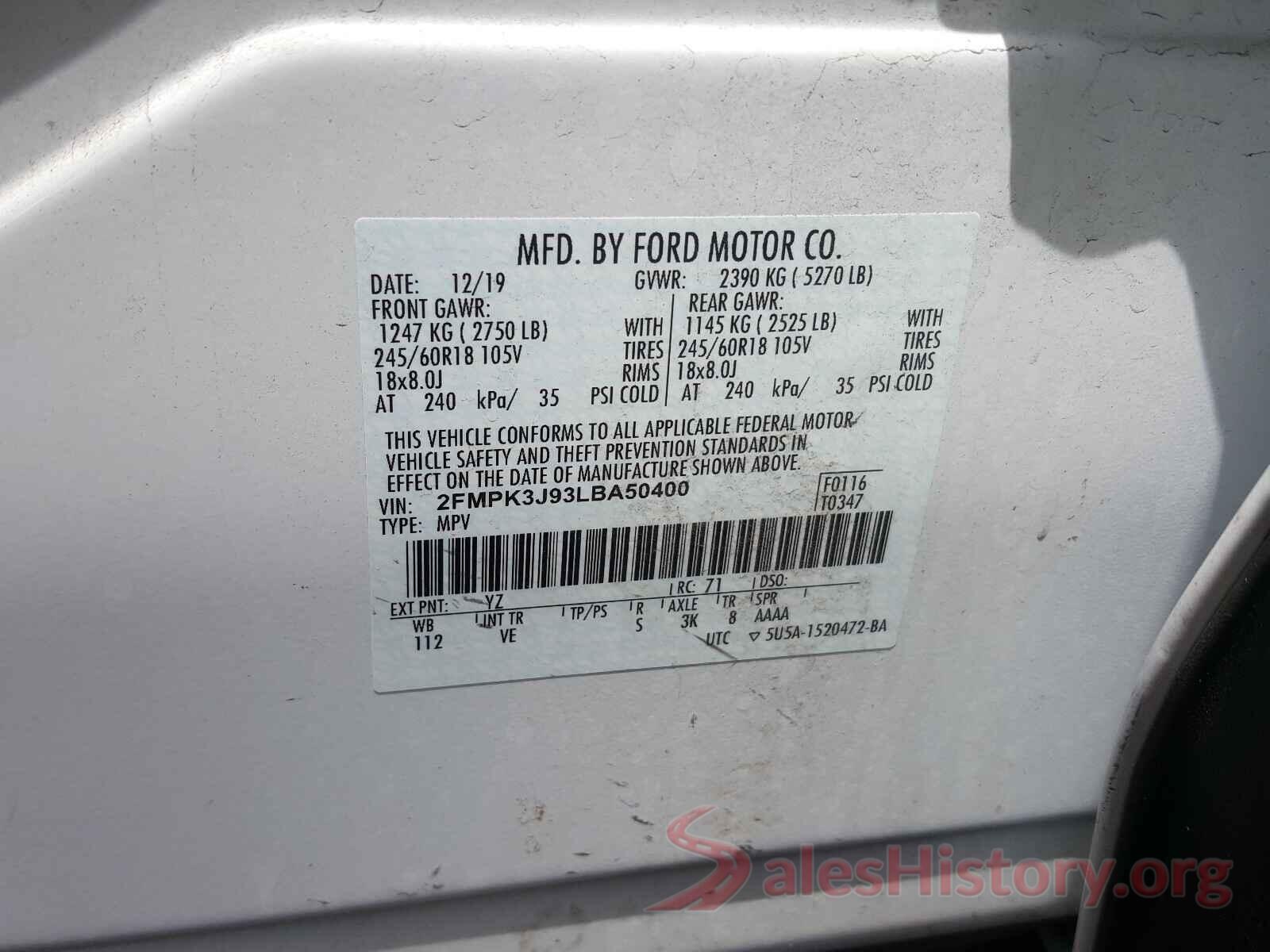 2FMPK3J93LBA50400 2020 FORD EDGE