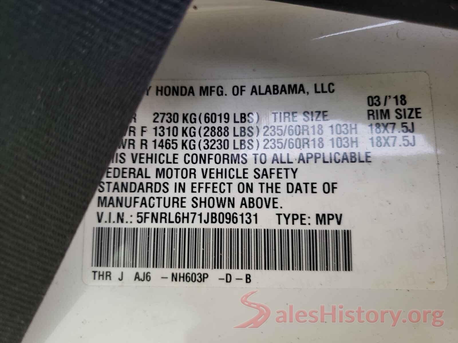 5FNRL6H71JB096131 2018 HONDA ODYSSEY