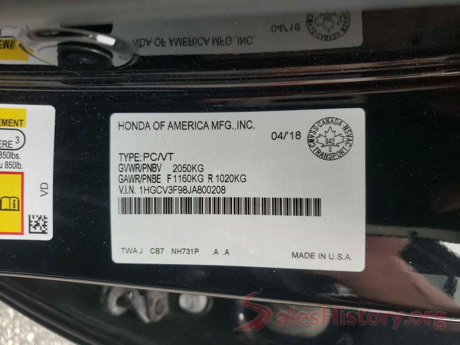 1HGCV3F98JA800208 2018 HONDA ACCORD