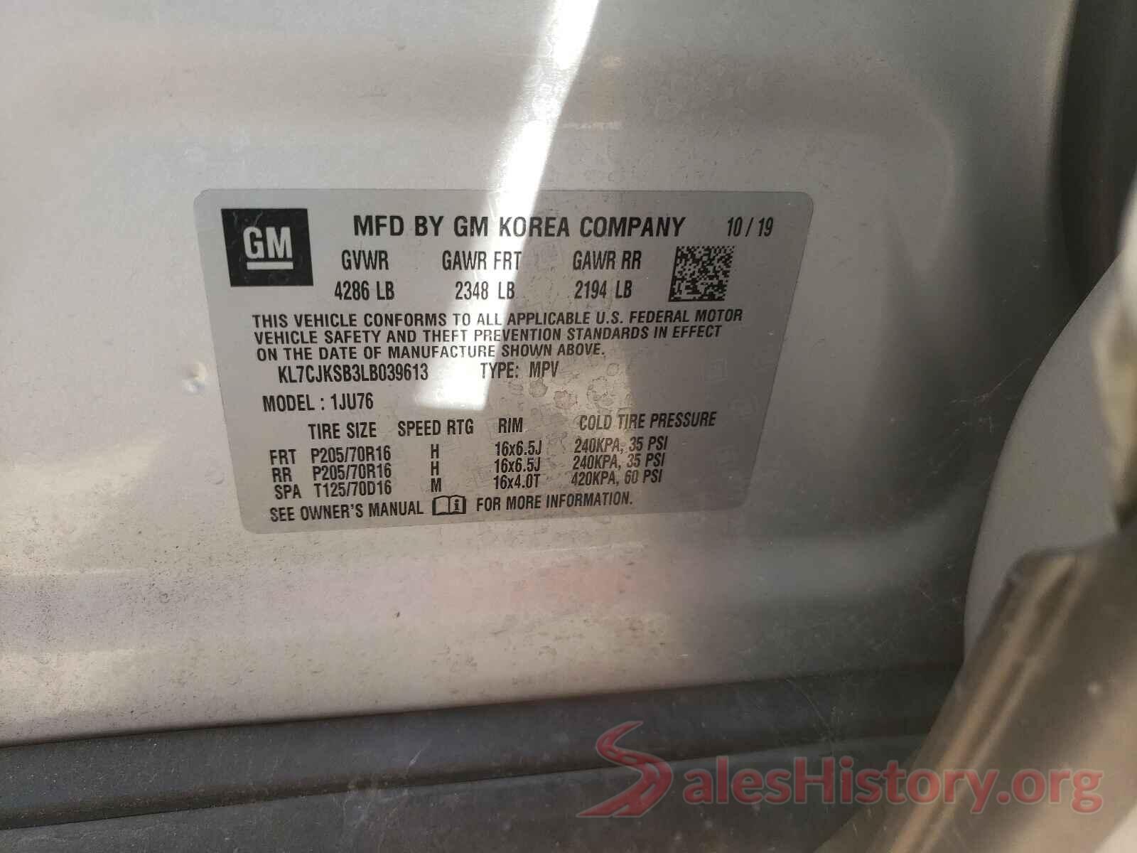 KL7CJKSB3LB039613 2020 CHEVROLET TRAX