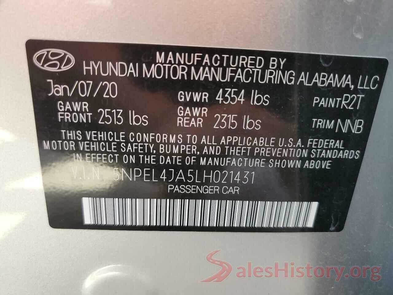 5NPEL4JA5LH021431 2020 HYUNDAI SONATA