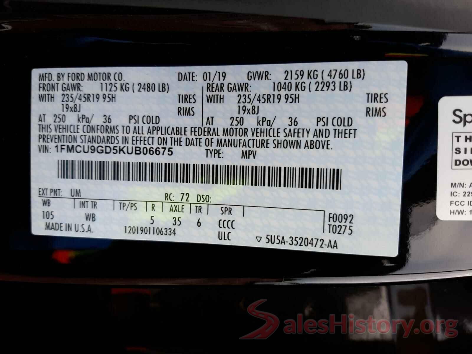 1FMCU9GD5KUB06675 2019 FORD ESCAPE