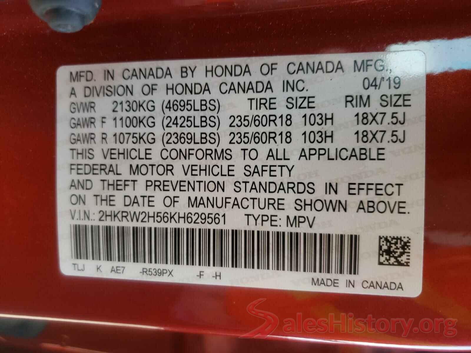 2HKRW2H56KH629561 2019 HONDA CRV