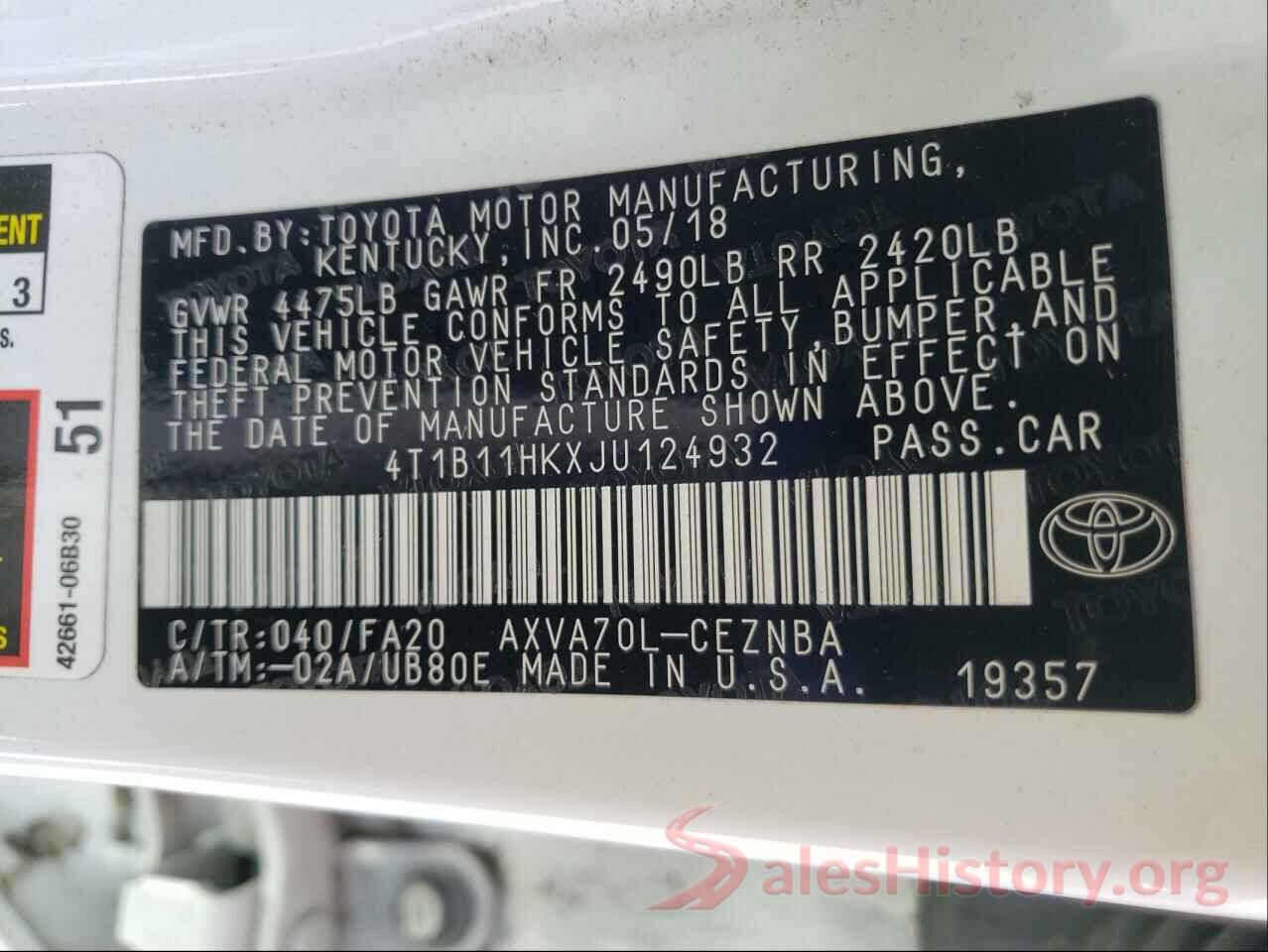 4T1B11HKXJU124932 2018 TOYOTA CAMRY