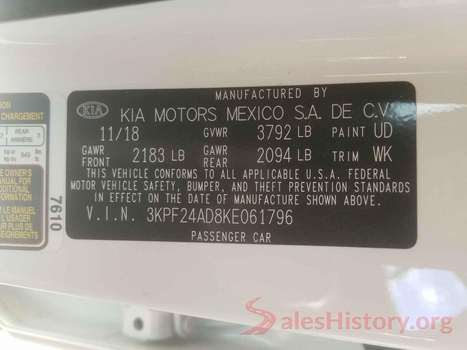 3KPF24AD8KE061796 2019 KIA FORTE