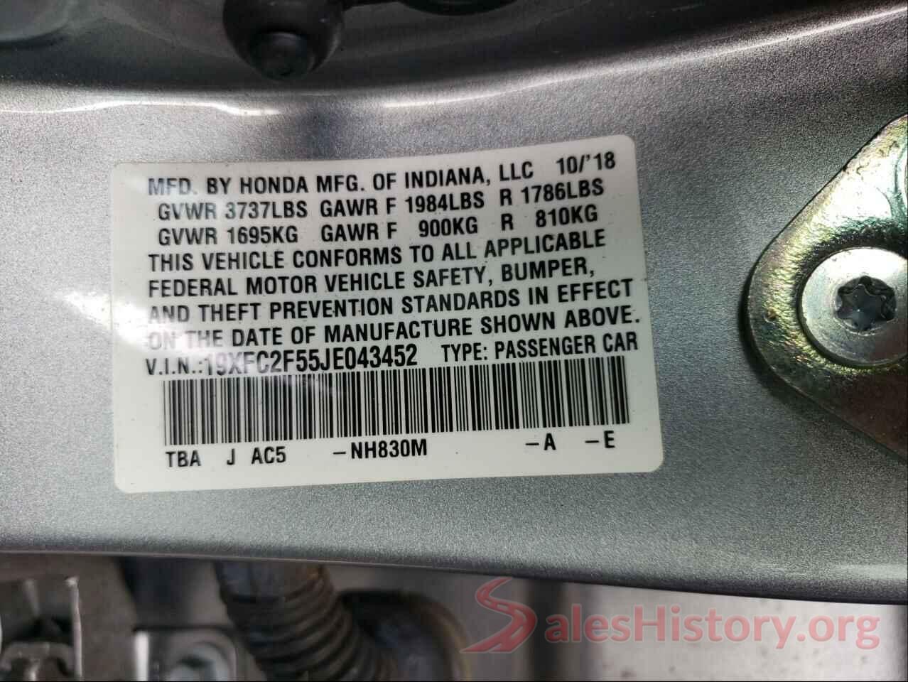 19XFC2F55JE043452 2018 HONDA CIVIC