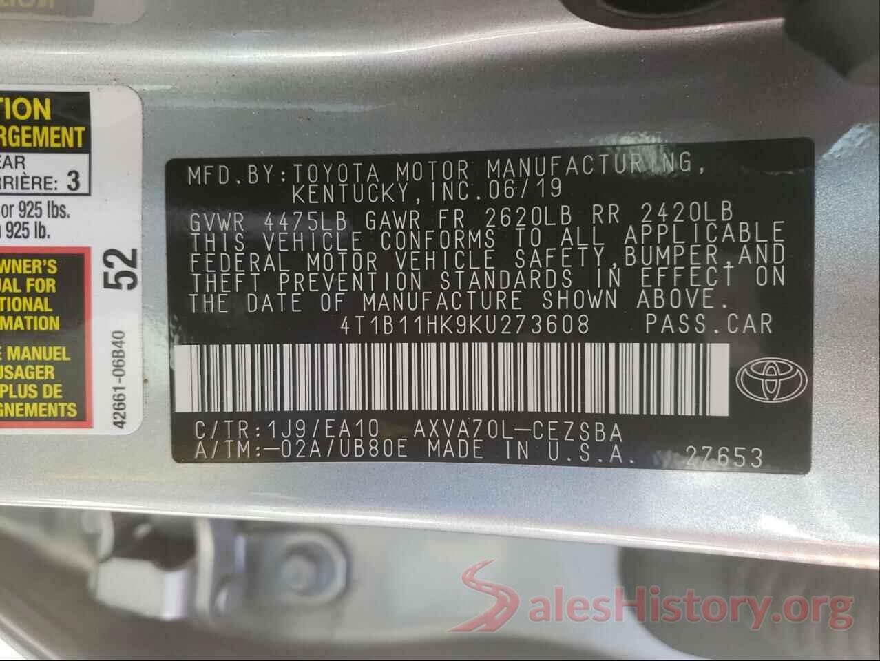 4T1B11HK9KU273608 2019 TOYOTA CAMRY