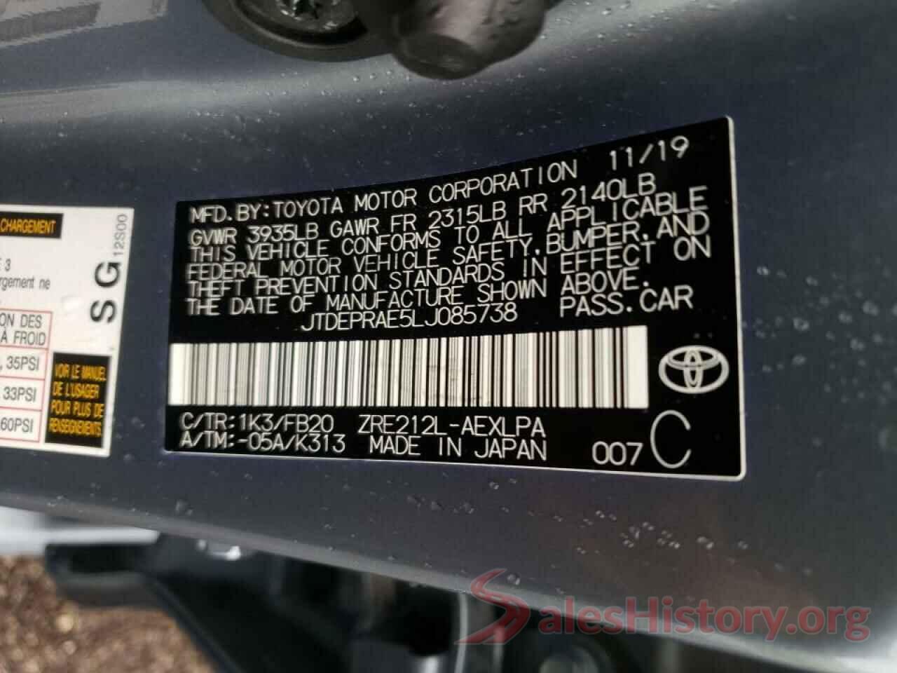 JTDEPRAE5LJ085738 2020 TOYOTA COROLLA