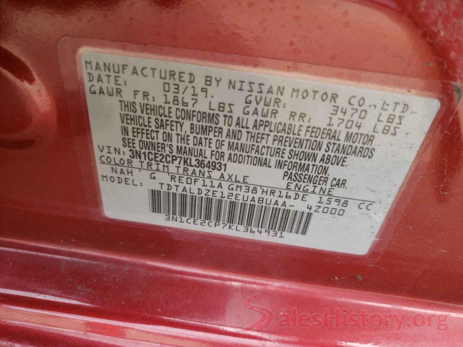 3N1CE2CP7KL364931 2019 NISSAN VERSA