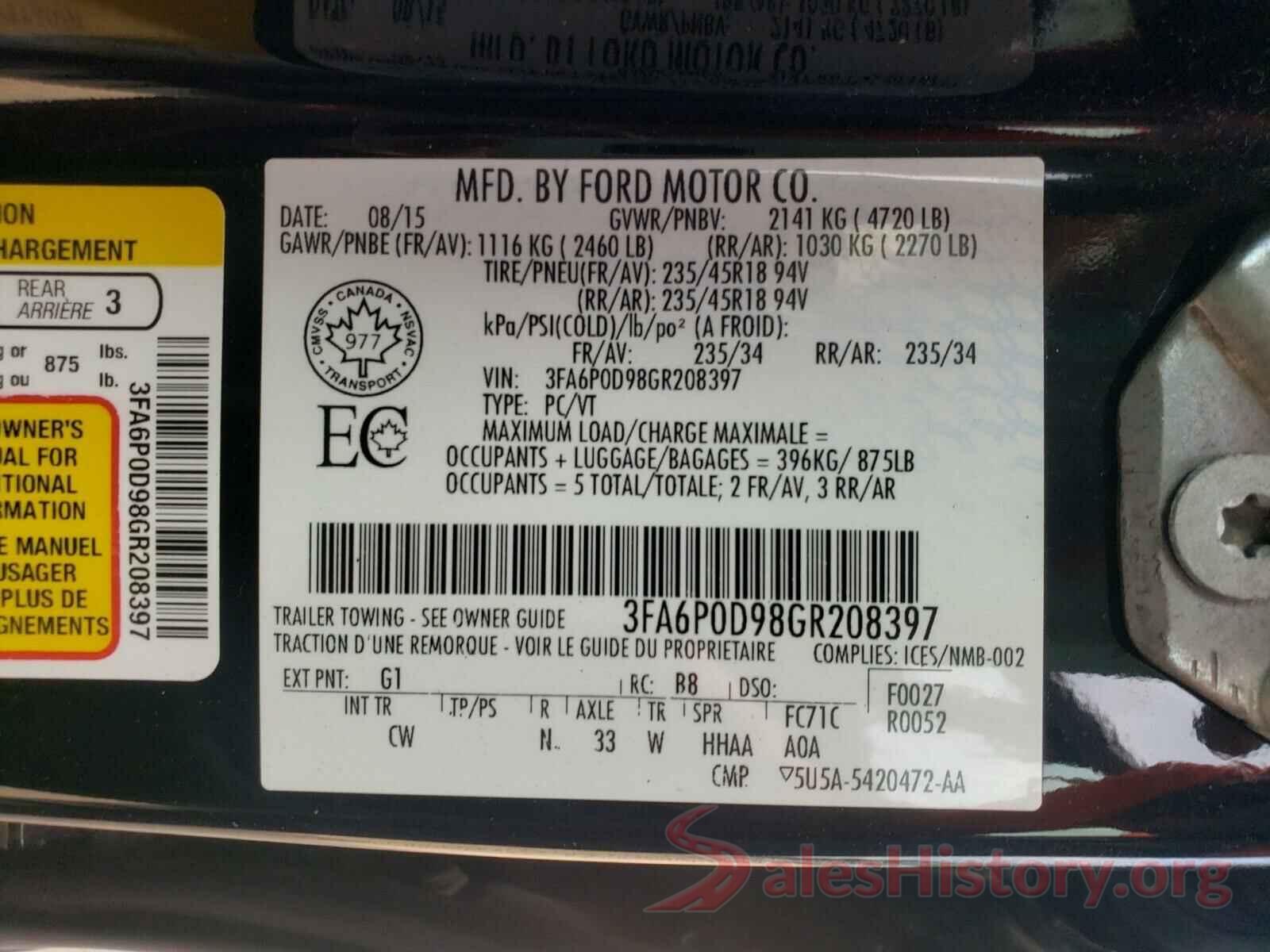 3FA6P0D98GR208397 2016 FORD FUSION