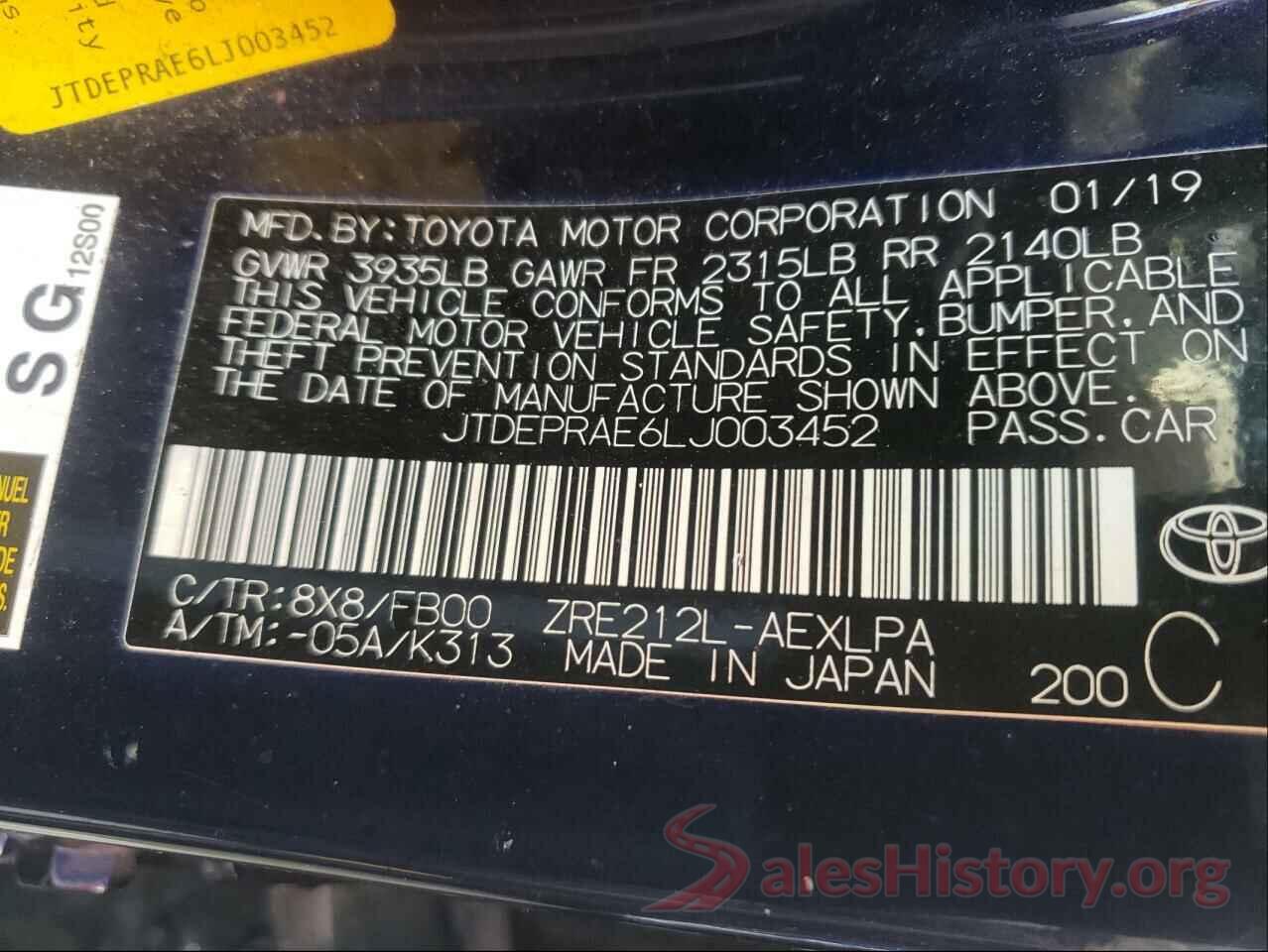 JTDEPRAE6LJ003452 2020 TOYOTA COROLLA