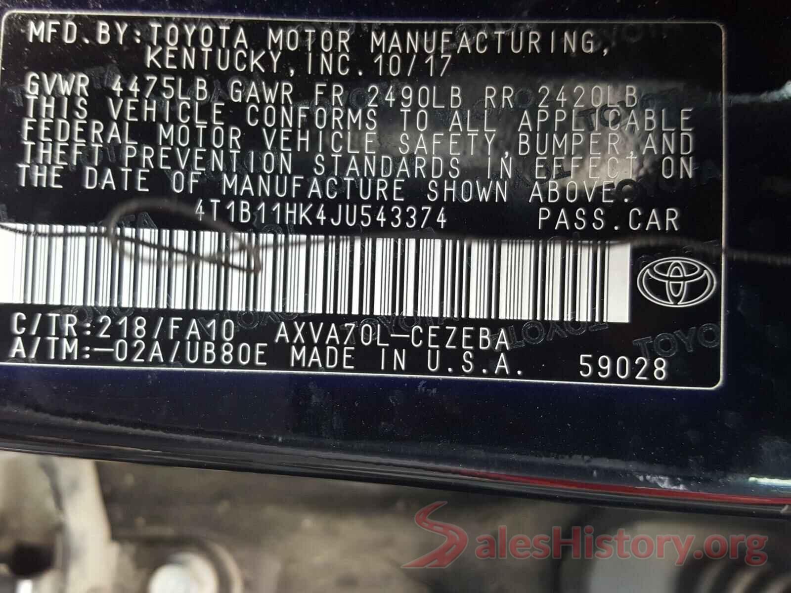 4T1B11HK4JU543374 2018 TOYOTA CAMRY