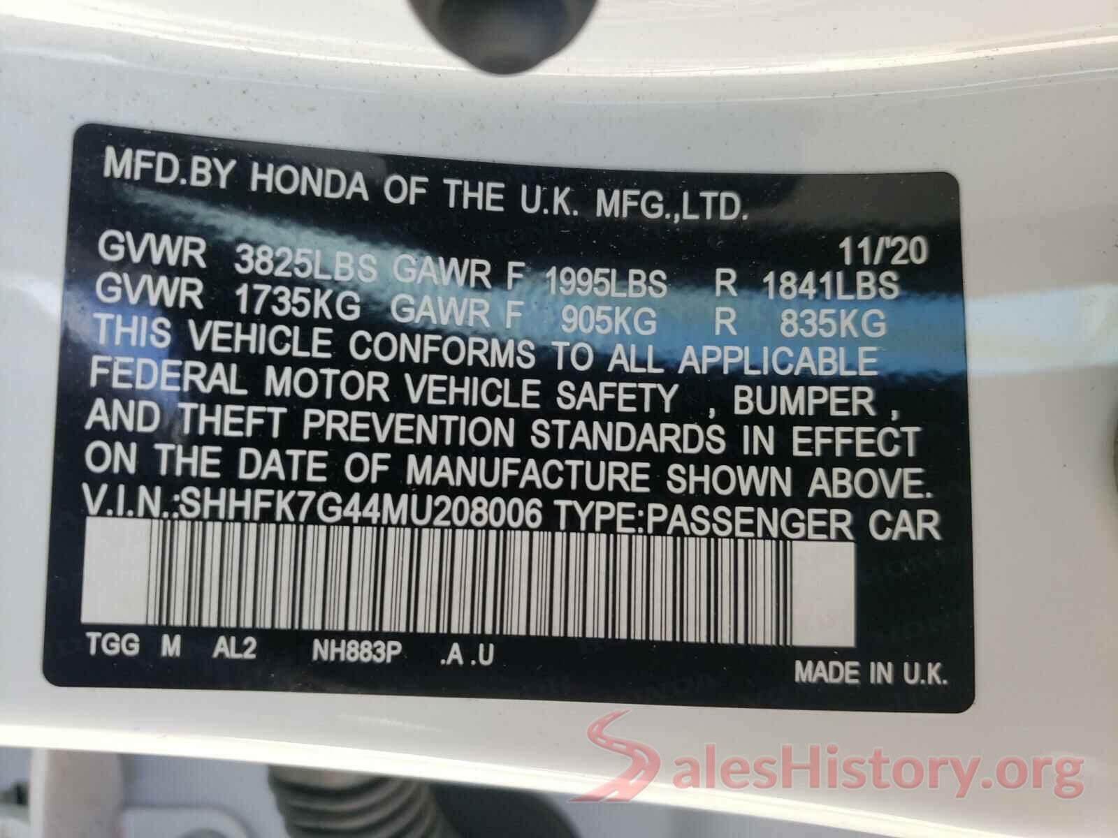 SHHFK7G44MU208006 2021 HONDA CIVIC