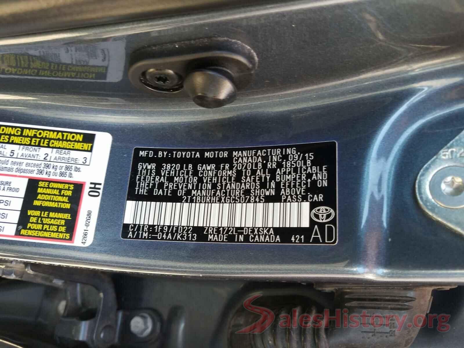 2T1BURHEXGC507845 2016 TOYOTA COROLLA