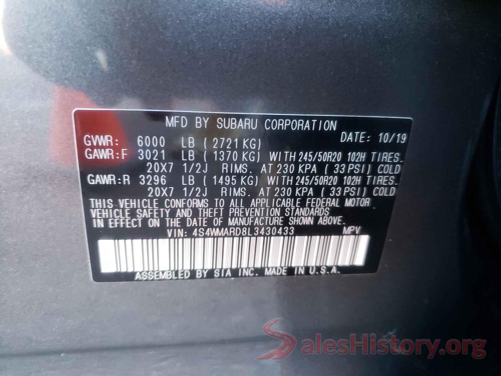 4S4WMARD8L3430433 2020 SUBARU ASCENT