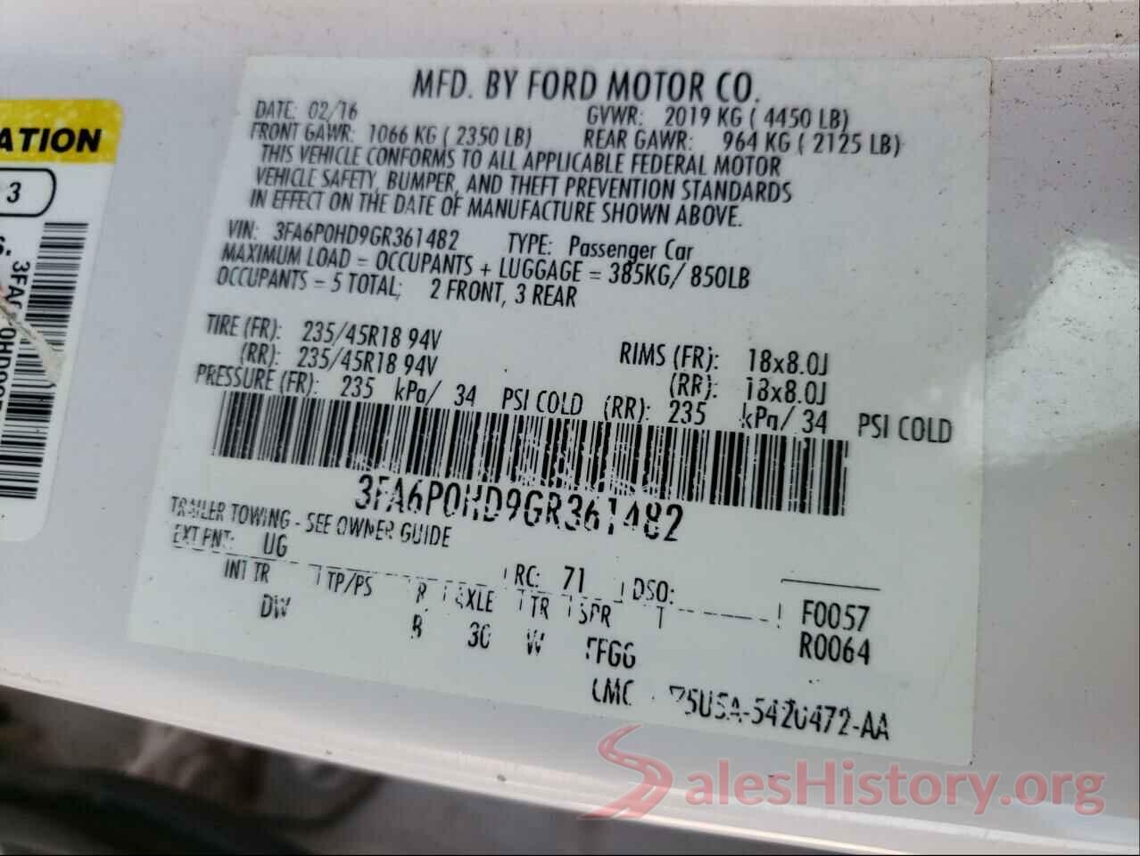 3FA6P0HD9GR361482 2016 FORD FUSION