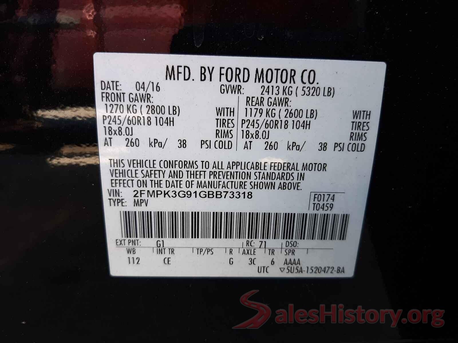 2FMPK3G91GBB73318 2016 FORD EDGE