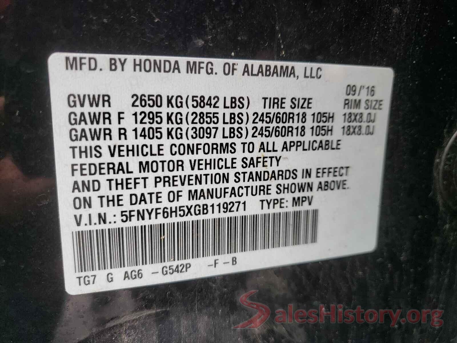 5FNYF6H5XGB119271 2016 HONDA PILOT