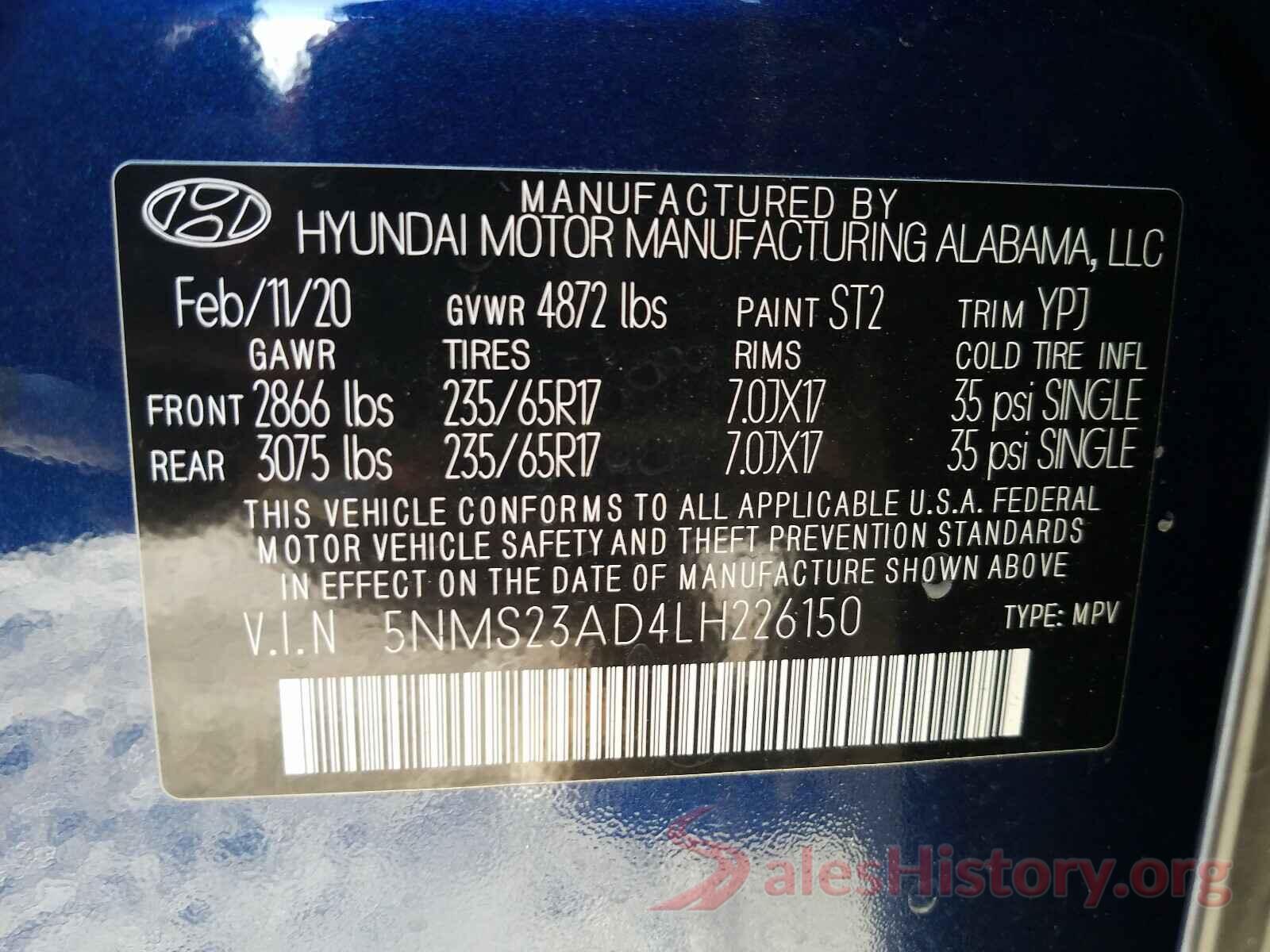 5NMS23AD4LH226150 2020 HYUNDAI SANTA FE