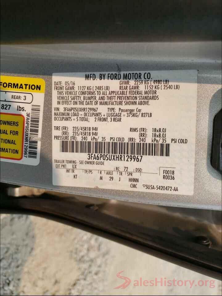 3FA6P0SUXHR129967 2017 FORD FUSION