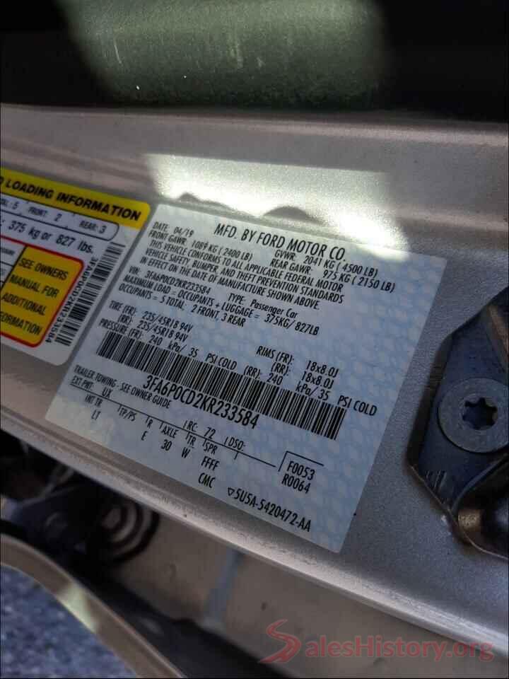 3FA6P0CD2KR233584 2019 FORD FUSION