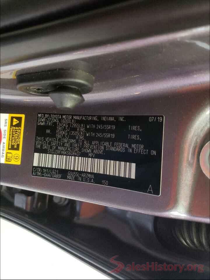 5TDJZRFH6KS608407 2019 TOYOTA HIGHLANDER