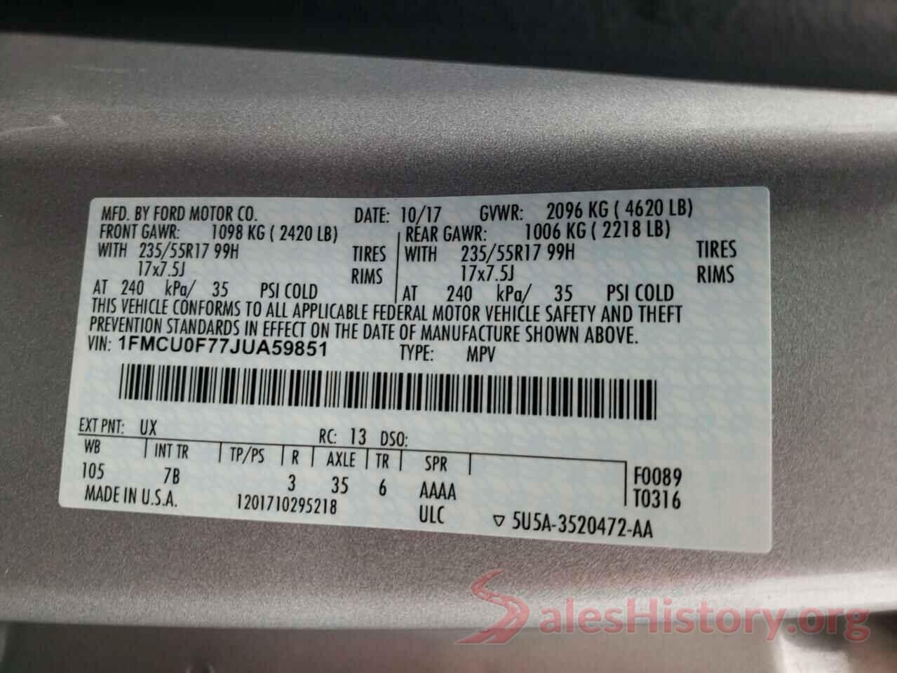 1FMCU0F77JUA59851 2018 FORD ESCAPE