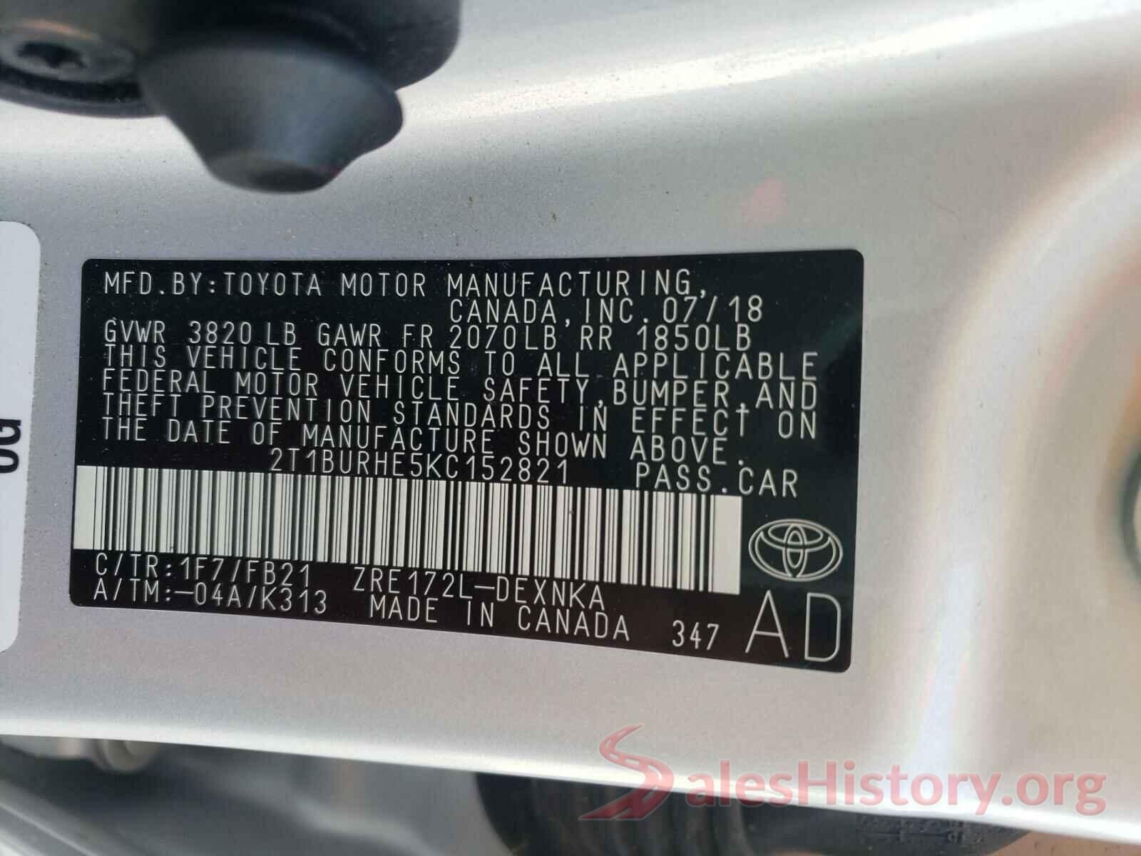 2T1BURHE5KC152821 2019 TOYOTA COROLLA