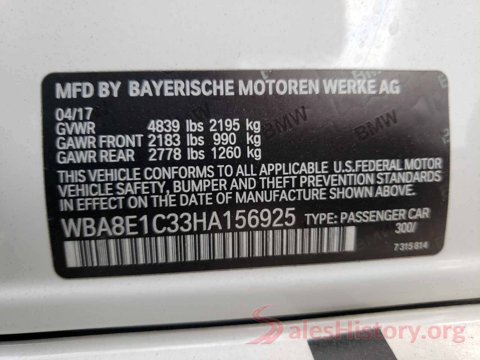 WBA8E1C33HA156925 2017 BMW 3 SERIES