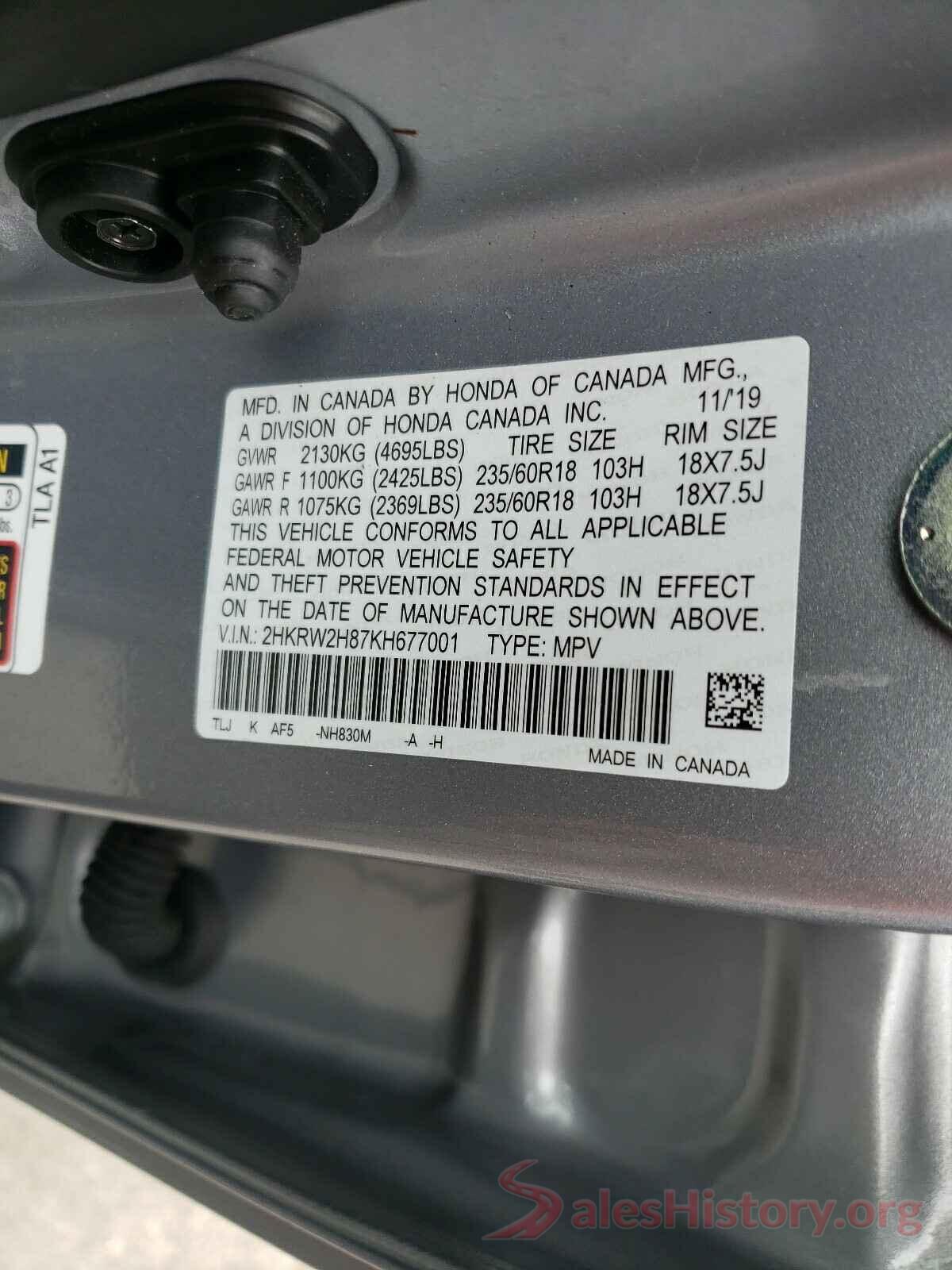 2HKRW2H87KH677001 2019 HONDA CRV