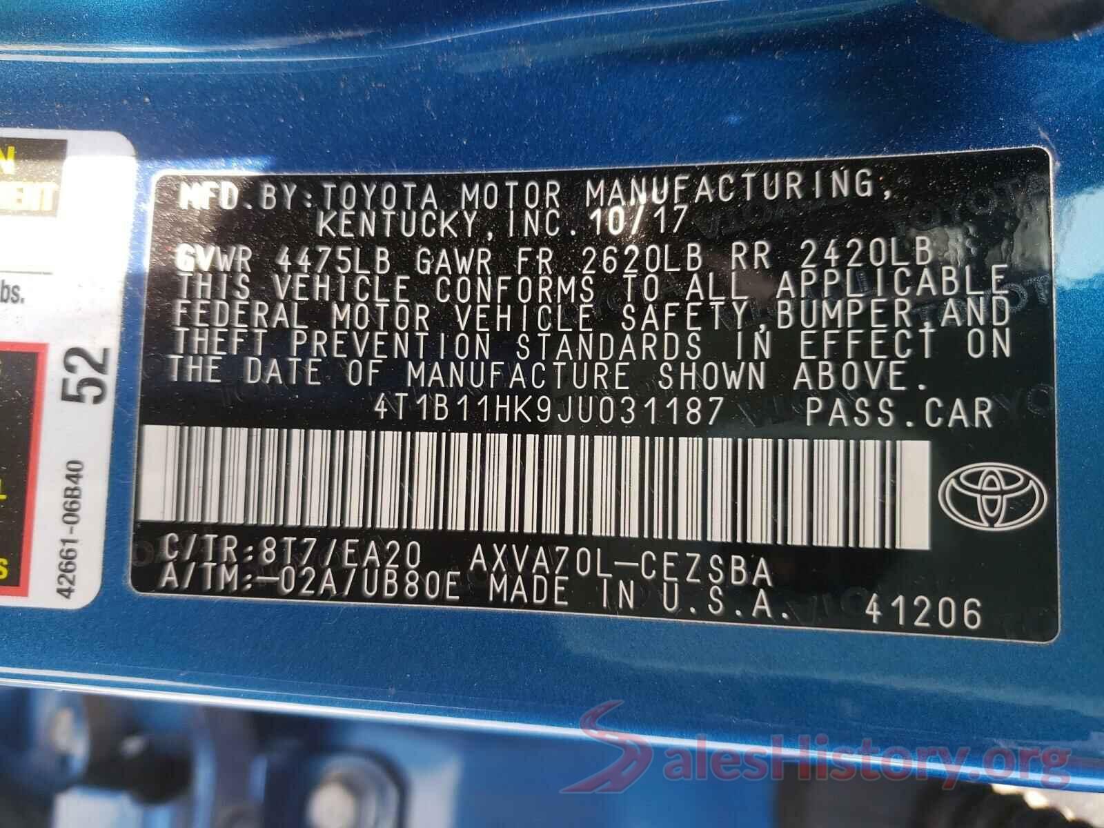 4T1B11HK9JU031187 2018 TOYOTA CAMRY