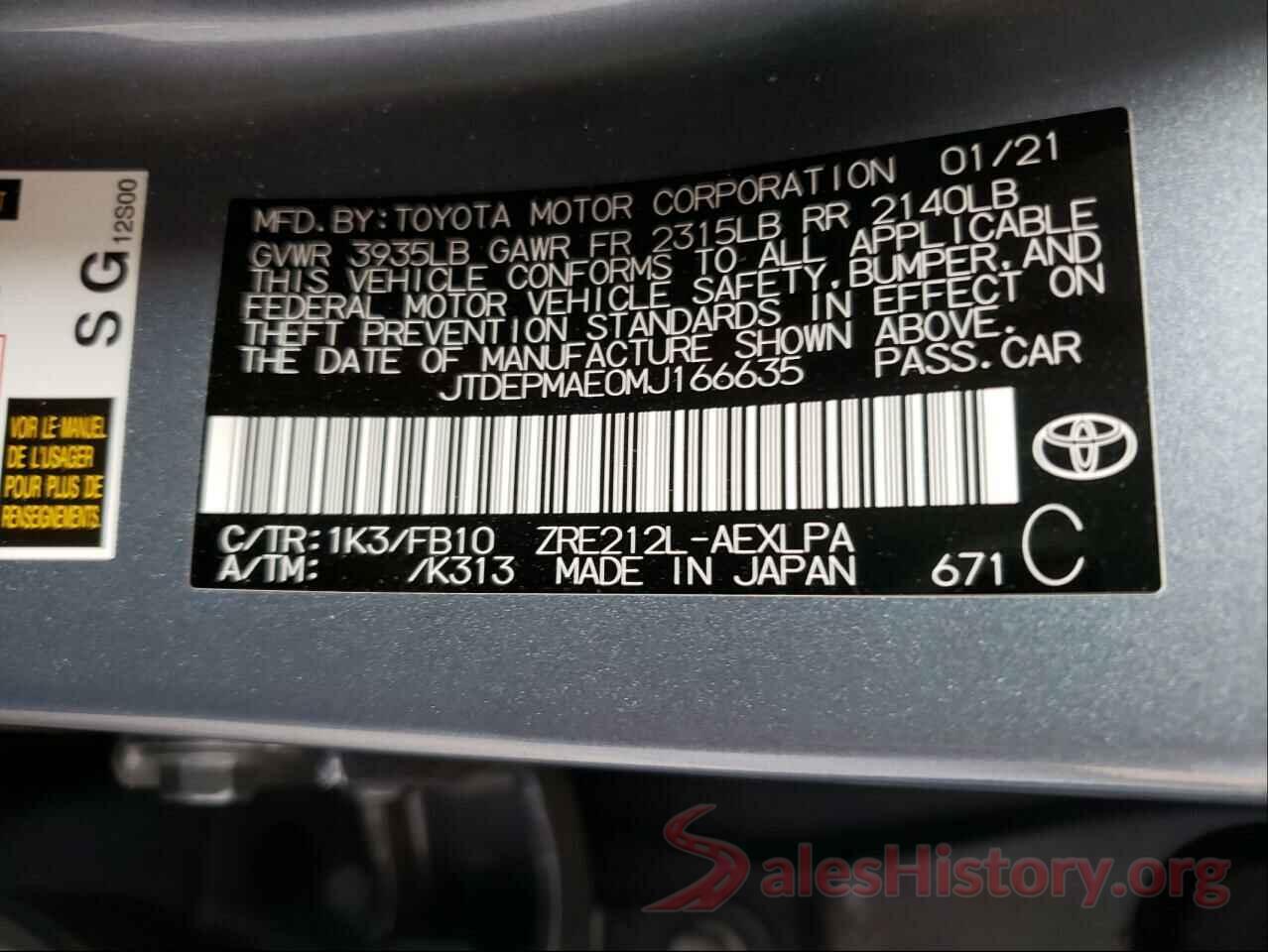 JTDEPMAE0MJ166635 2021 TOYOTA COROLLA