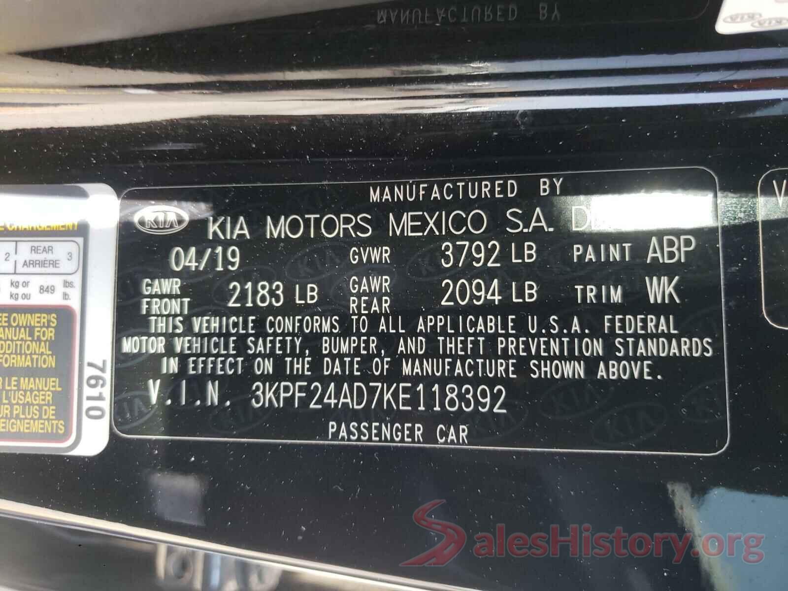 3KPF24AD7KE118392 2019 KIA FORTE