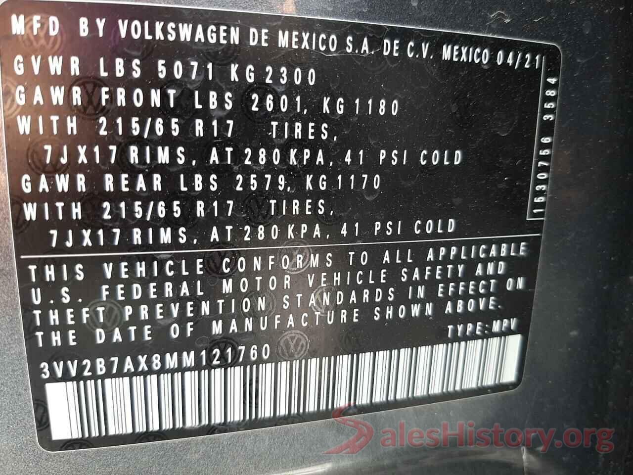 3VV2B7AX8MM121760 2021 VOLKSWAGEN TIGUAN