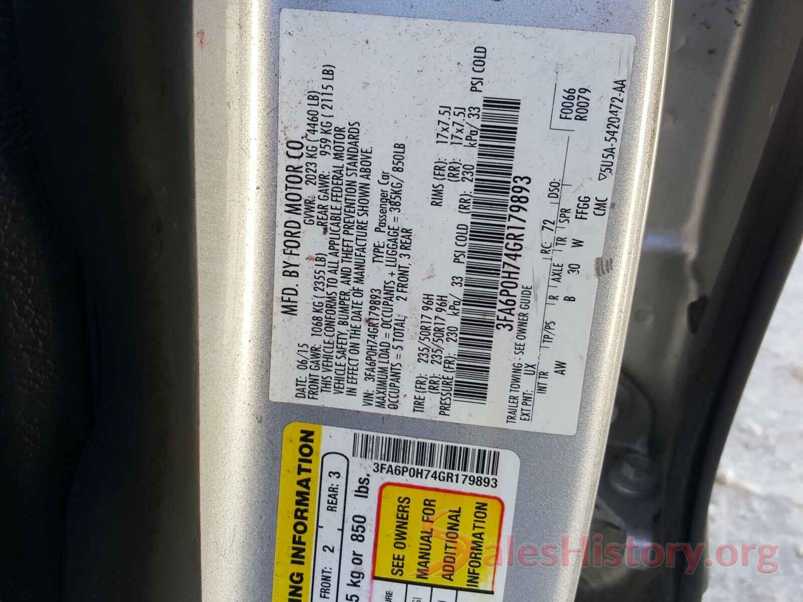 3FA6P0H74GR179893 2016 FORD FUSION